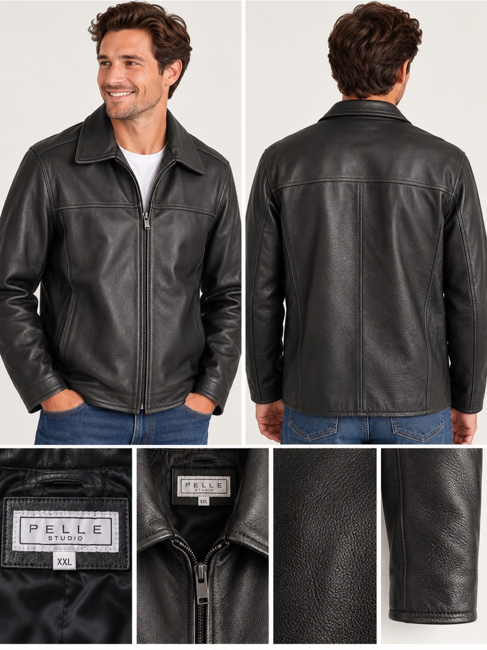 Pelle Studio Men’s XXL Genuine Black Leather Jacket Full Zip Classic